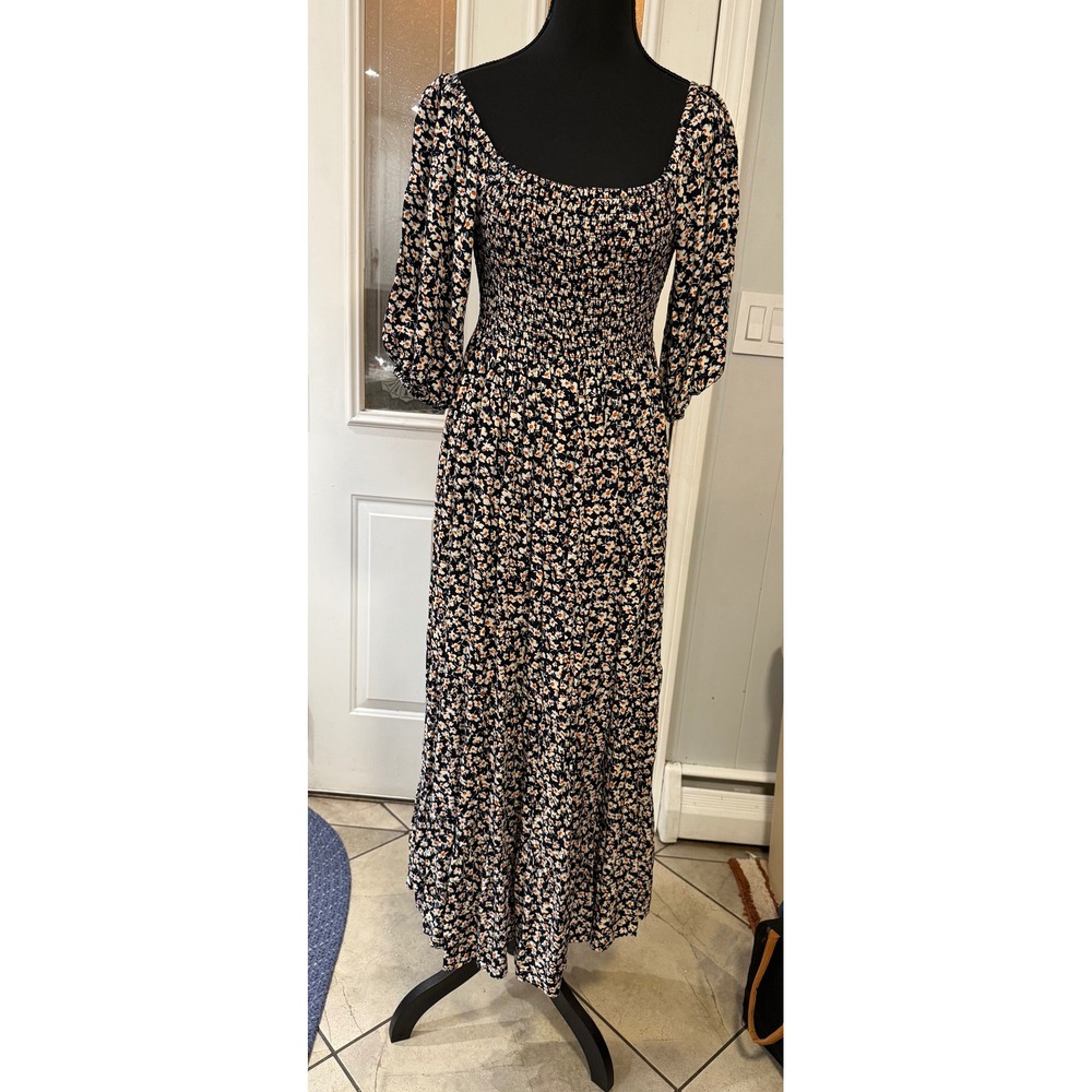 By Together Floral Smocked Maxi Dress Navy Blue Ditsy Print Open Back Small